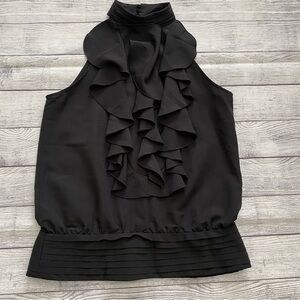 Black Halter High Neck Tuxedo Blouse Pleated waistband Button Neck Medium